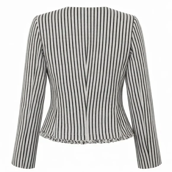 Hugo Boss Komina Black & White Striped Cropped Jacket Frayed Hem Jacket - Picture 5 of 7